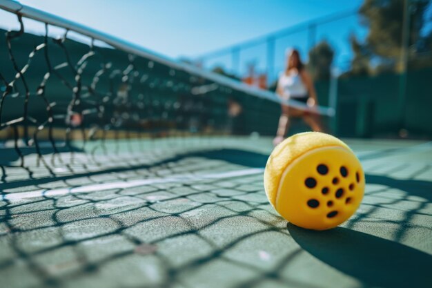 Zdjęcie Żółta piłka pickleball close-up na boisku pickleball z przestrzenią dla tekstu