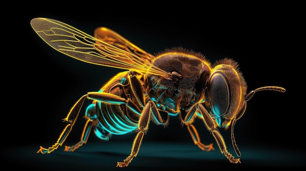 Żółta pszczoła z niebieskim ogonem jest pokazana na czarnym tle.