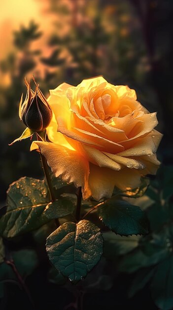 żółta róża z świecącym na niej słońcem