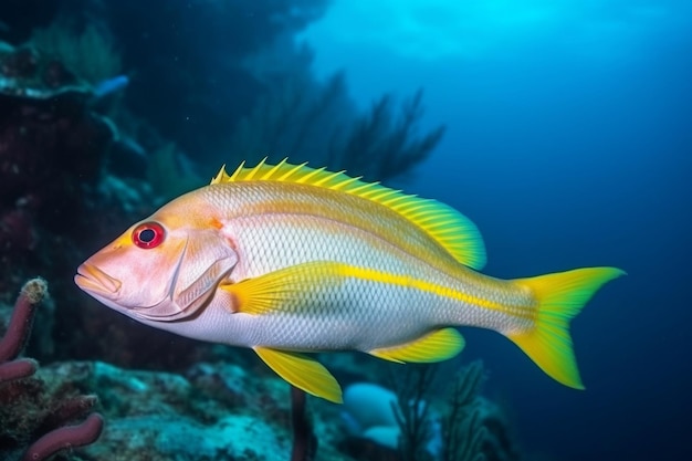Żółta ryba z czerwonym okiem pływa w oceanie.