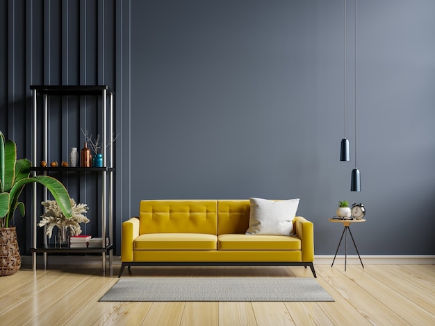 Żółta sofa i drewniany stół we wnętrzu salonu z rośliną, ciemnoniebieski rendering wall.3d