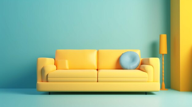Żółta sofa na niebieskim tle ściany