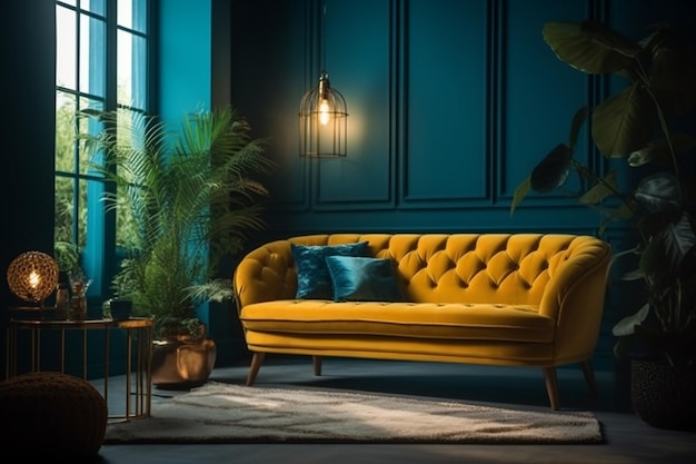 Żółta sofa w salonie z rośliną obok.