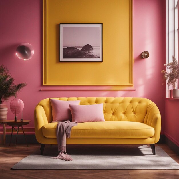 żółta sofa we wnętrzu salonu z miejscem do kopiowania ze słonecznymi cieniami