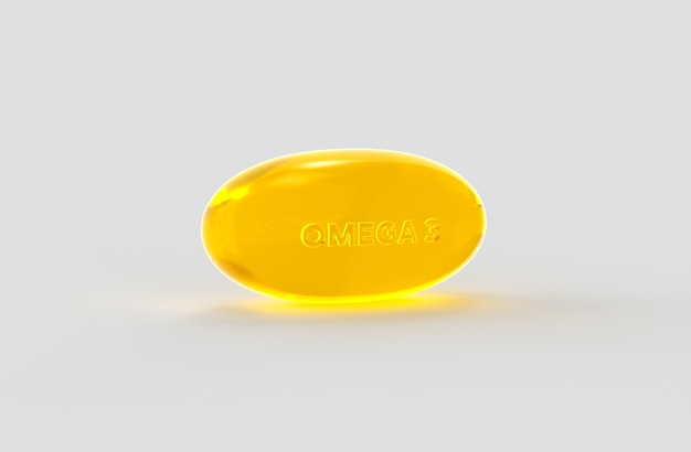 Żółta tabletka softgel omega 3 na białym tle - renderowanie 3d, ilustracja 3d