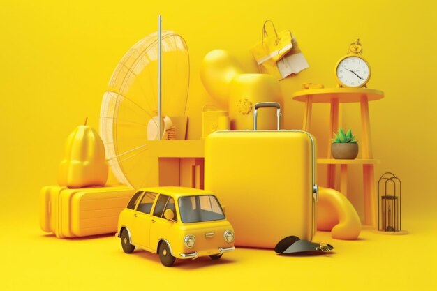 Żółta walizka jest umieszczona na żółtym tle z różnymi akcesoriami
