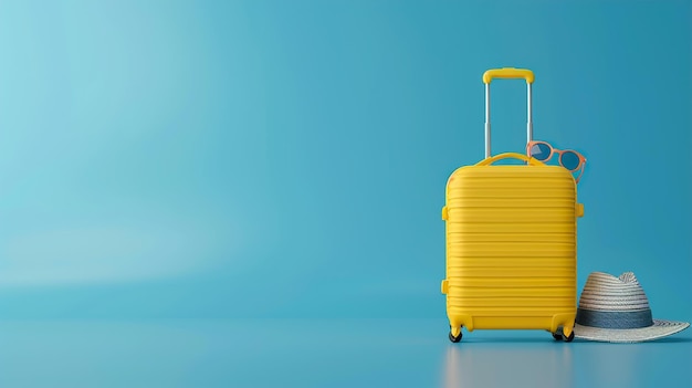 Zdjęcie Żółta walizka na niebieskim tle generatywna sztuczna inteligencja
