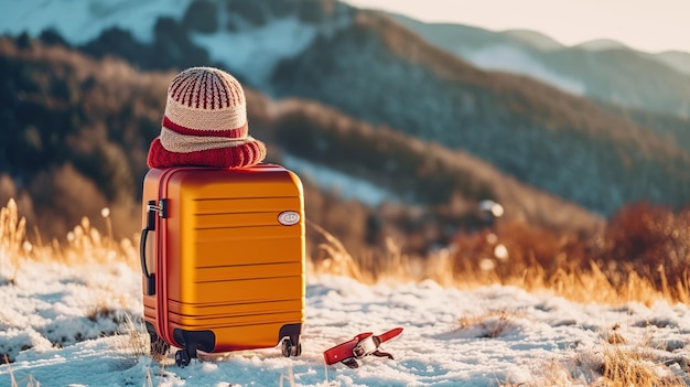 Żółta walizka podróżna, wakacje zimowe AI Wygenerowano