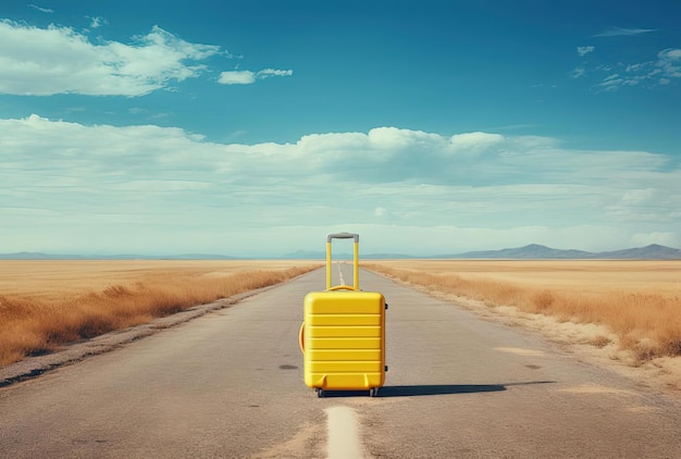żółta walizka siedzi na drodze w polu w stylu minimalistycznego tła