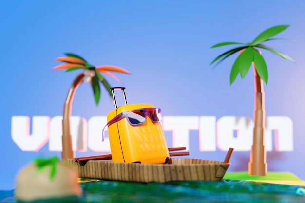Żółta walizka w niebieskich okularach odpoczywa w łodzi na morzu wołając o wakacje na tle palmy Letnia podróż koncepcja ilustracja 3d