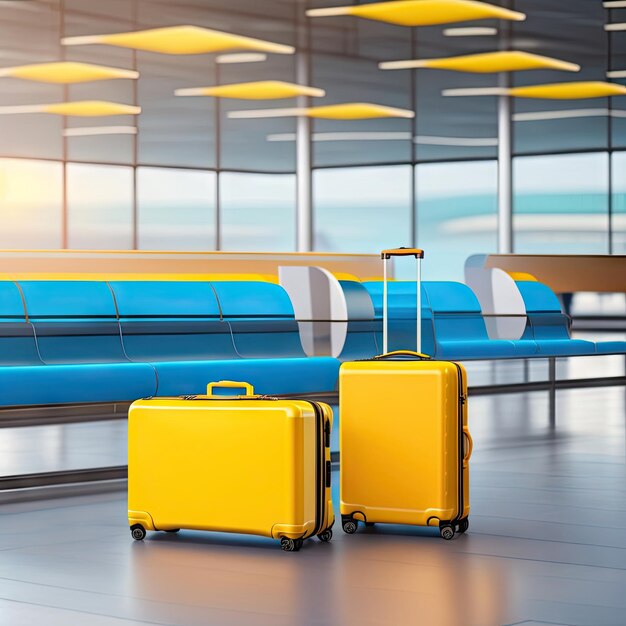 Żółta walizka w salonie odlotowym lotniska na tle samolotu
