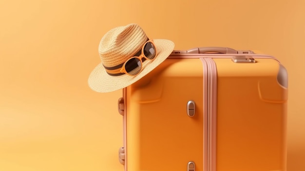 Żółta walizka z kapeluszem i okularami przeciwsłonecznymi.