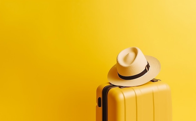 Żółta walizka z kapeluszem na żółtym tle Generative Ai