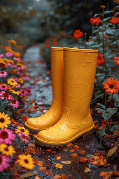 Żółte buty stoją w letnim ogrodzie po deszczu.
