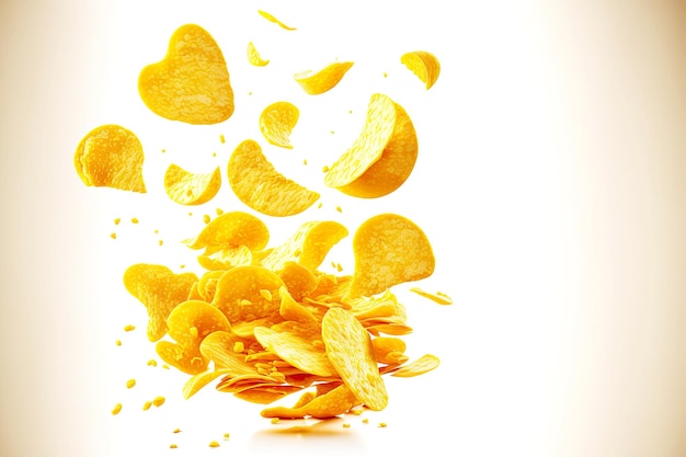 Zdjęcie Żółte chipsy ziemniaczane lecące na boki izolowane na białym tle utworzone za pomocą generatywnej ai