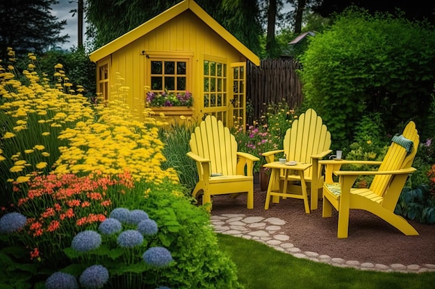 Żółte drewniane meble ogrodowe w jasnym ogrodzie kwiatowym domku letniskowego w przytulnym podwórku