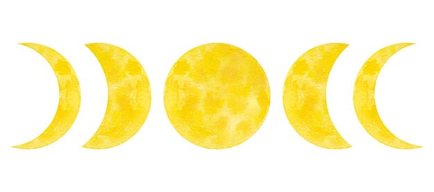 Żółte fazy księżyca Cykl galaktyczny od nowiu do pełni Księżyca Z piękną teksturą Ręcznie rysowane akwarelowe ilustracje izolowane na białym tle Dla dekoracji plakatów drukowanych kart