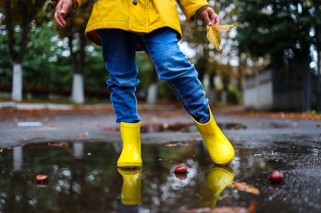 Żółte gumowe buty w kałuży po deszczu. Spadające liście. Koncepcja sezonu jesiennego.