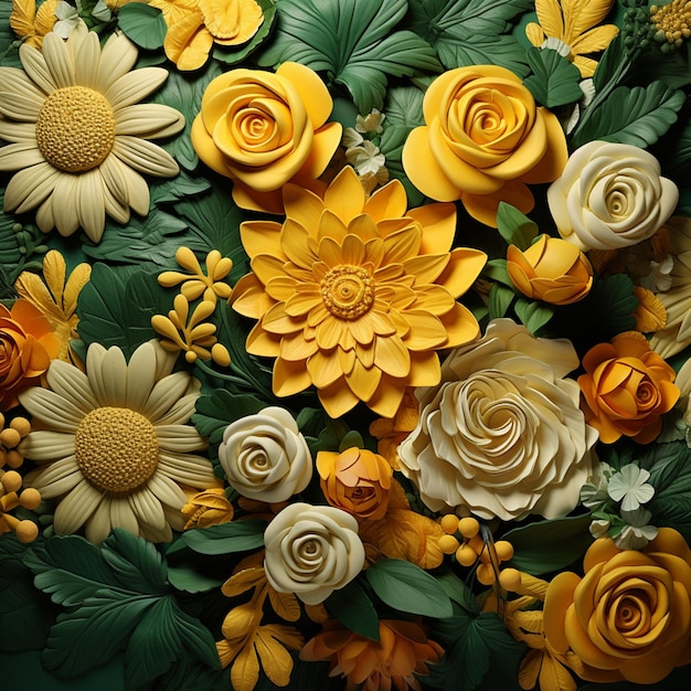 żółte i białe kwiaty ułożone są w bukiet na stole generatywnym ai