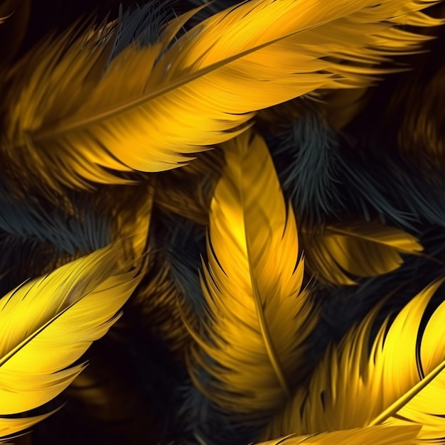 Żółte i czarne pióra są rozrzucone razem na czarnym tle.