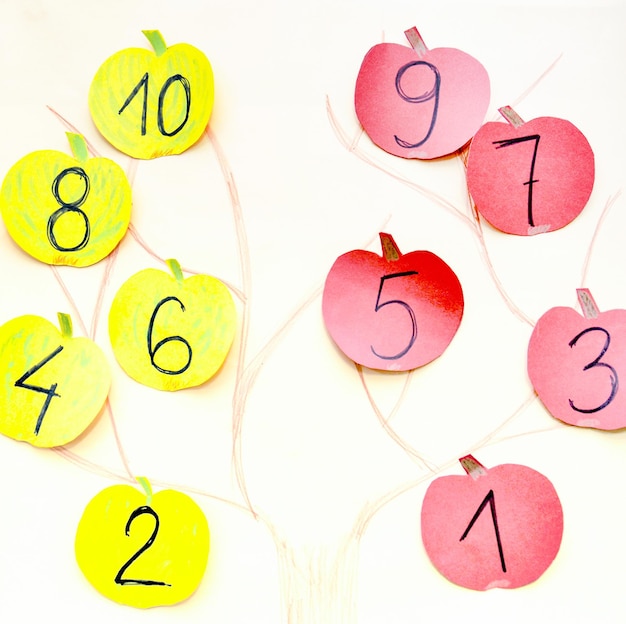 żółte i czerwone papierowe jabłka z numerami