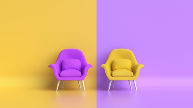 Żółte i fioletowe krzesła wyróżniające się z tłumu ilustracja renderowania 3d