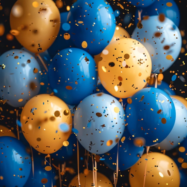Żółte i niebieskie balony z konfetti jako uroczyste tło