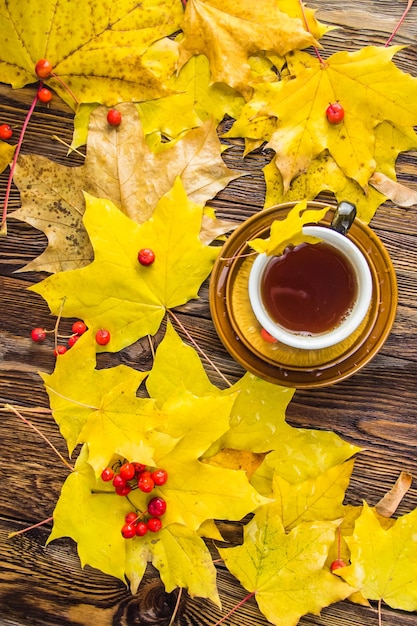 Żółte i pomarańczowe opadłe liście klonu na ciemnobrązowym tle stołu z drewna Filiżanka herbaty