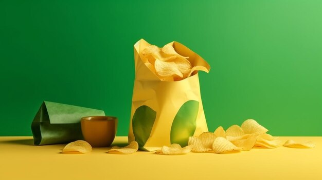 Żółte i zielone torby papierowe z chipsami ziemniaczanymi na żółtym i zielonym tlegenerative ai