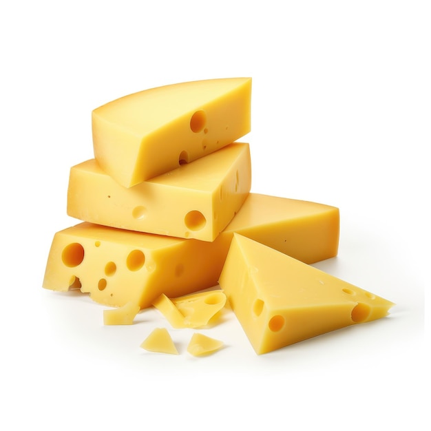 Żółte kawałki sera wyizolowane na białym tle