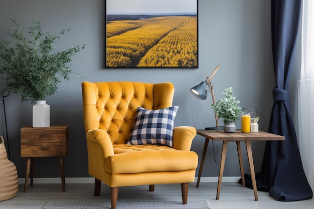 Żółte krzesło w salonie z obrazem pola pszenicy.