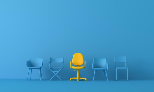 Żółte krzesło wyróżniające się z tłumu renderowania koncepcji biznesowej d