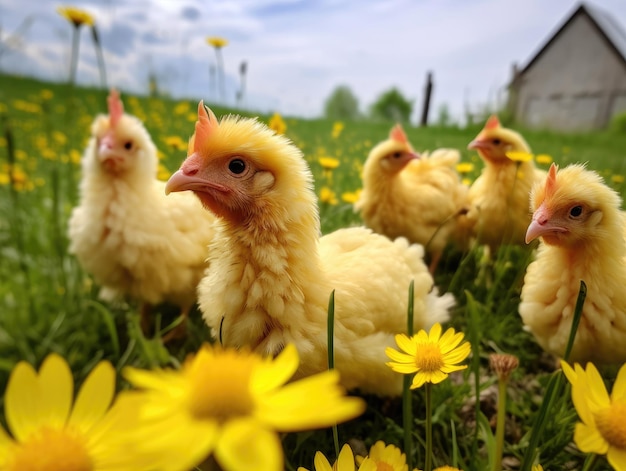 Żółte kurczaki na polu wśród żółtych mleczy