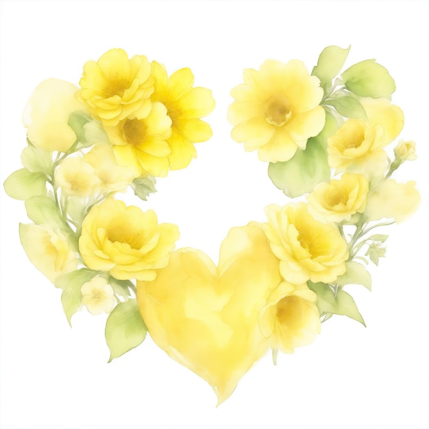 Żółte kwiaty akwarelowe w kształcie serca na białym tle