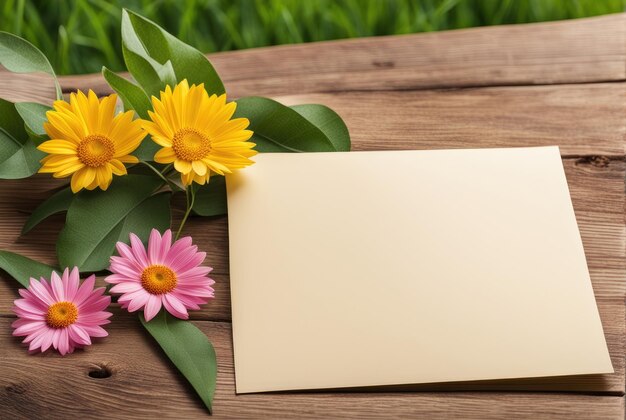 Zdjęcie Żółte kwiaty i notatka na drewnianym tle