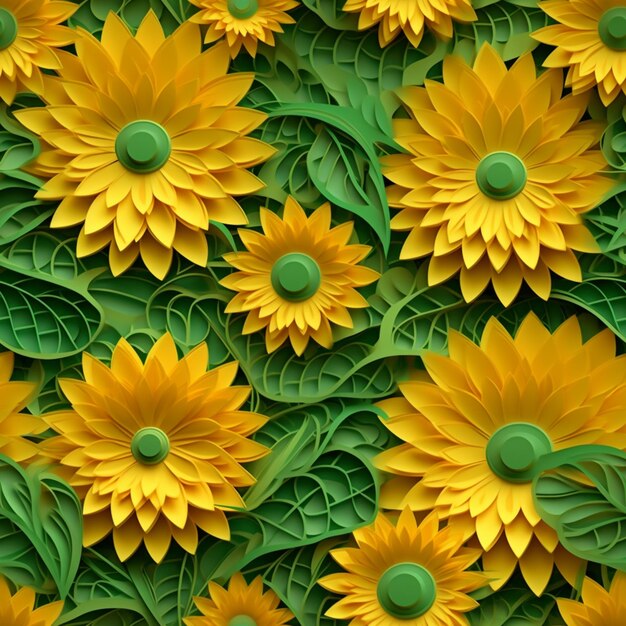 Żółte kwiaty są ułożone w wzór z zielonymi liśćmi generatywne ai