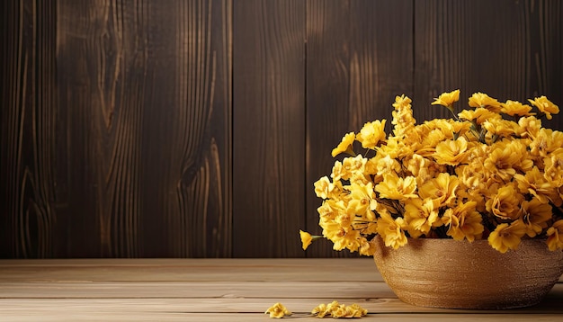 Żółte kwiaty w drewnianej misce na drewnianym tle z przestrzenią do kopiowania