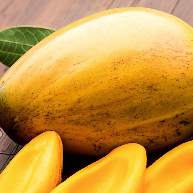 Zdjęcie Żółte mango z zielonym liściem