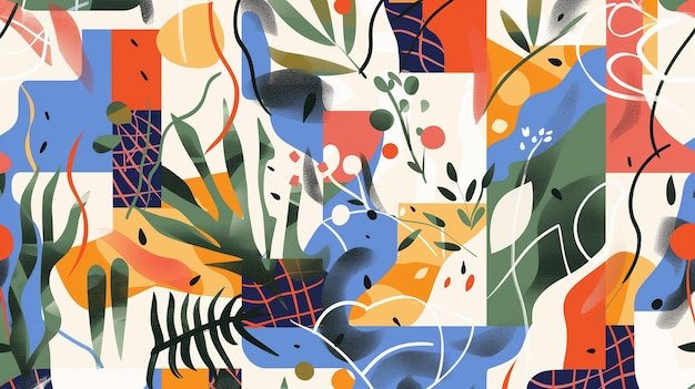 Żółte, niebieskie, czerwone i zielone geometryczne abstrakcyjne kształty i gałęzie roślin na białym tle Wallpaperx9BannerxA