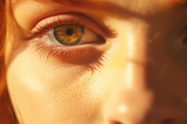 Żółte oko kobiety z odbiciem jej oczu.