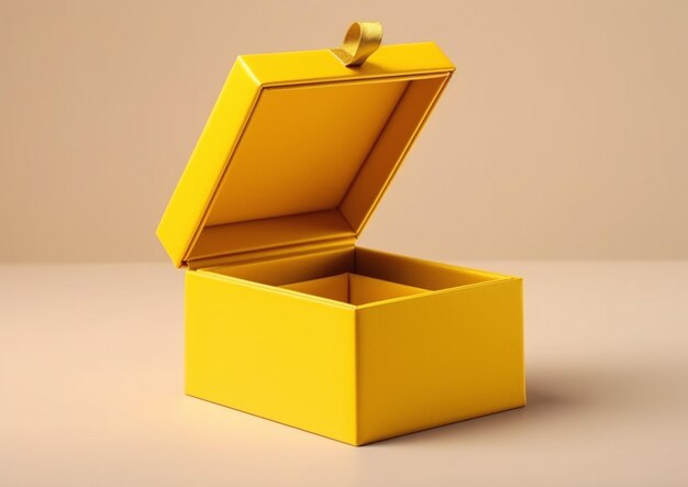 Żółte otwarte pudełko z żółtą kokardą na białym tle