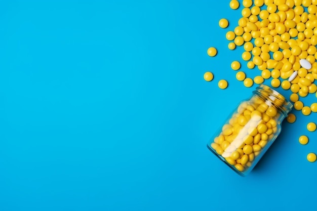 Żółte pigułki wylewane z szklanej butelki na niebieskim tle kwas askorbinowy widok górny przestrzeń kopiowania