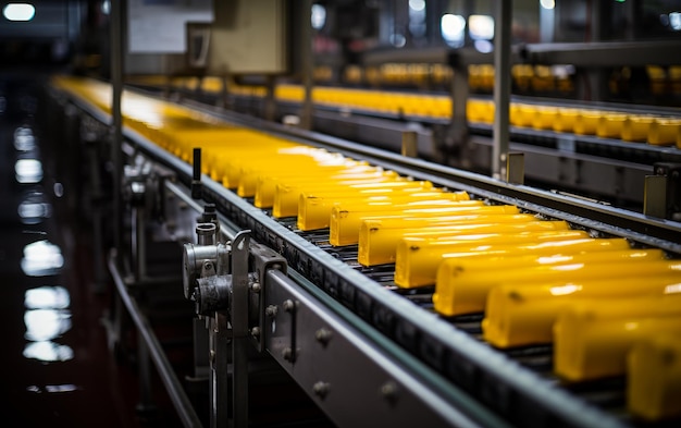 Żółte plastikowe butelki na taśmie przenośnej w fabryce