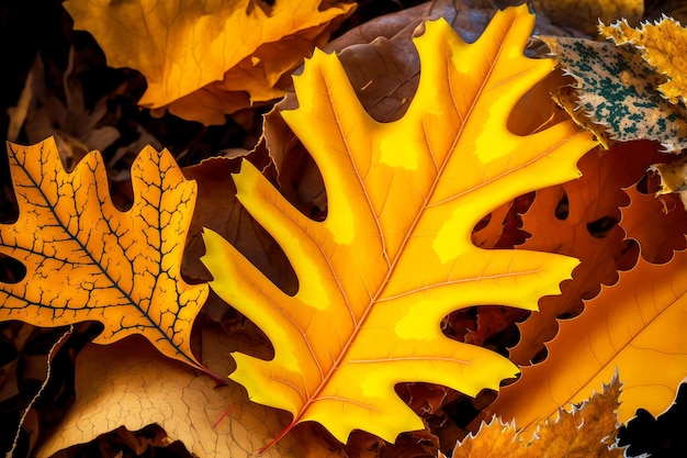 Żółte pomarańczowe liście dębu i klonu podczas jesiennego opadania liści utworzone za pomocą generatywnej sztucznej inteligencji