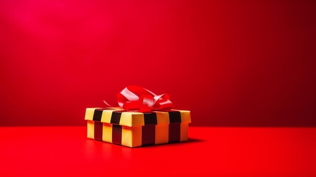Żółte pudełko z czerwoną wstążką z napisem „prezent”.