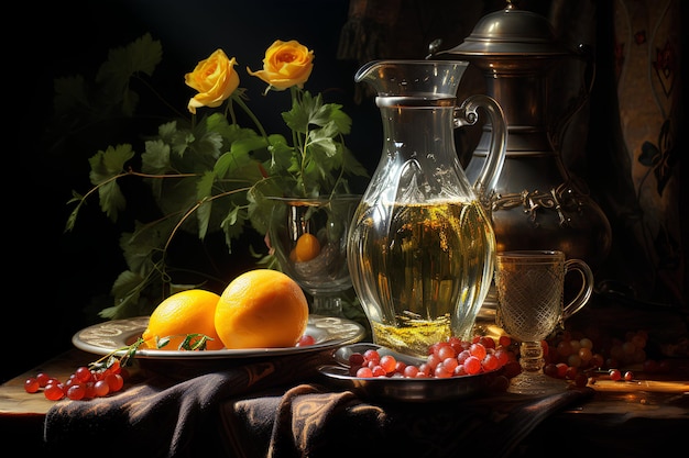 Żółte róże i szklany dzban z napojem i owocami na drewnianym stole