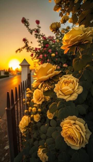 Żółte róże kwitną na ogrodzonym przed ogrodzeniem generatywnym ai
