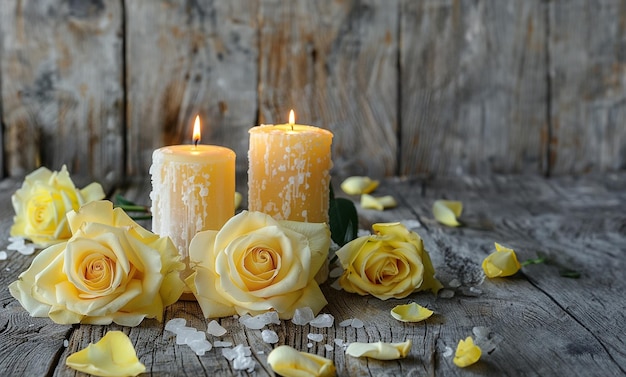 Żółte róże z zapaloną świecą i kamykami na białym drewnianym stole w stylu skandynawskim