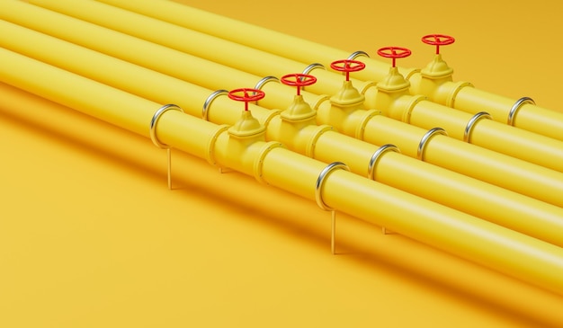 Żółte rurociągi przemysłu gazowego lub naftowego z czerwonymi zaworami