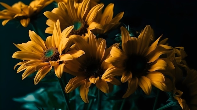 Żółte stokrotki kwiaty pastelowe kolory ciemnozielone tło